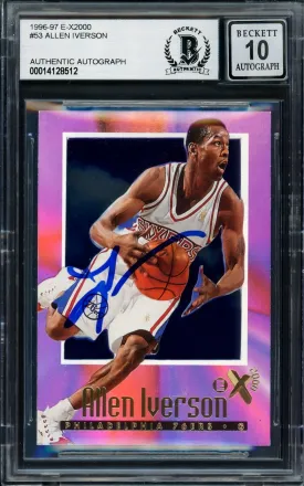 Allen Iverson Autographed 1996-97 Skybox E-X 2000 Rookie Card #53 Philadelphia 76ers Auto Grade Gem Mint 10 Beckett BAS #14128512