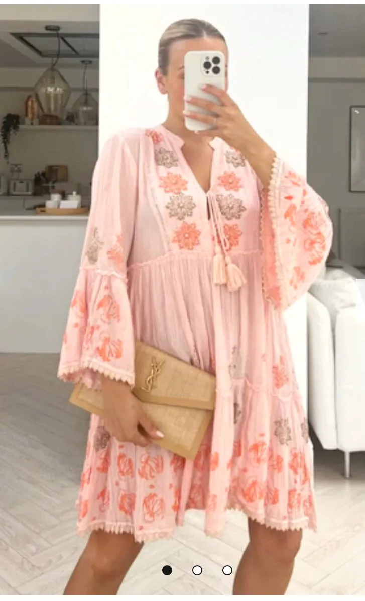 BOHO STYLE  EMBROIDERED V DEEP NECK DRESS PINK