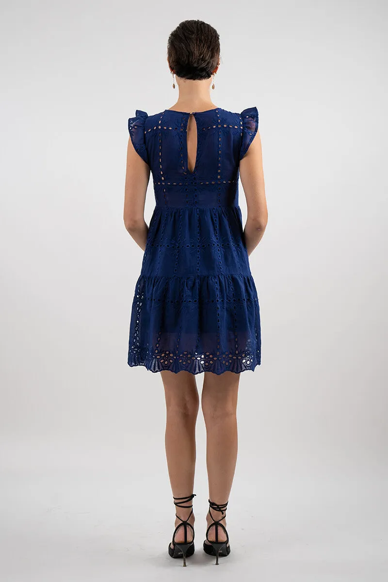 Broderie Cap Sleeve Tiered Mini Dress