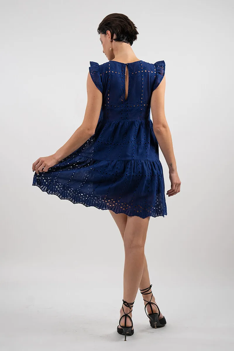 Broderie Cap Sleeve Tiered Mini Dress