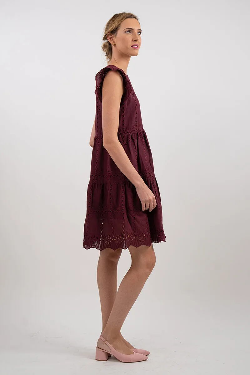 Broderie Cap Sleeve Tiered Mini Dress