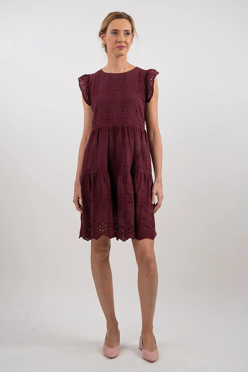 Broderie Cap Sleeve Tiered Mini Dress