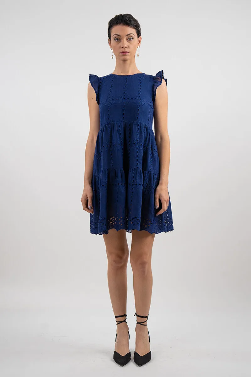 Broderie Cap Sleeve Tiered Mini Dress