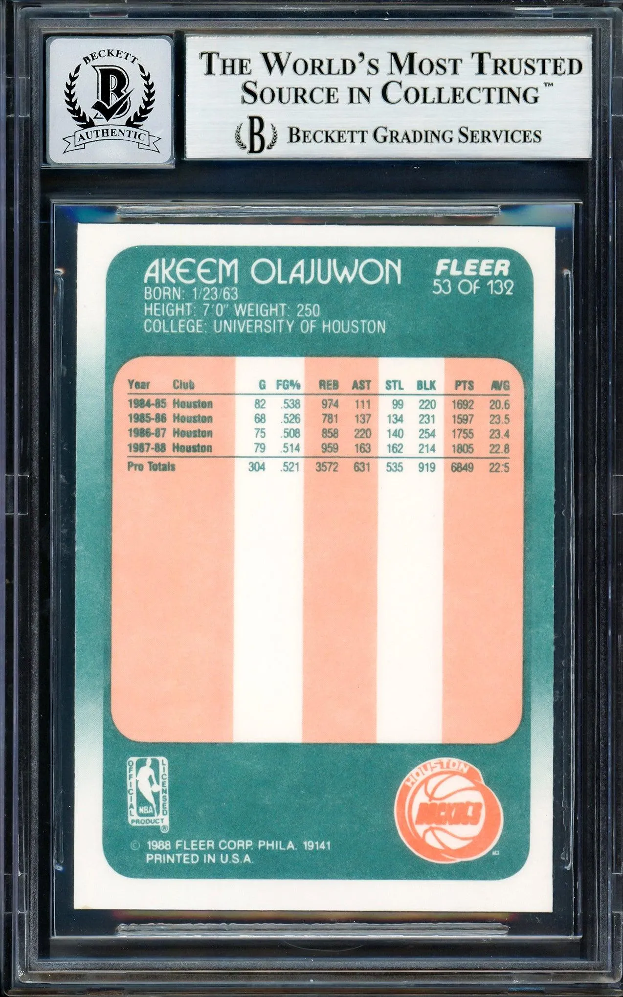 Hakeem Olajuwon Autographed 1988-89 Fleer Card #53 Houston Rockets Auto Grade Gem Mint 10 Beckett BAS Stock #205736