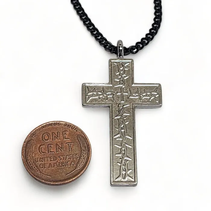 Thorns Cross Dark Metal Finish Pendant Dark Curb Chain Necklace
